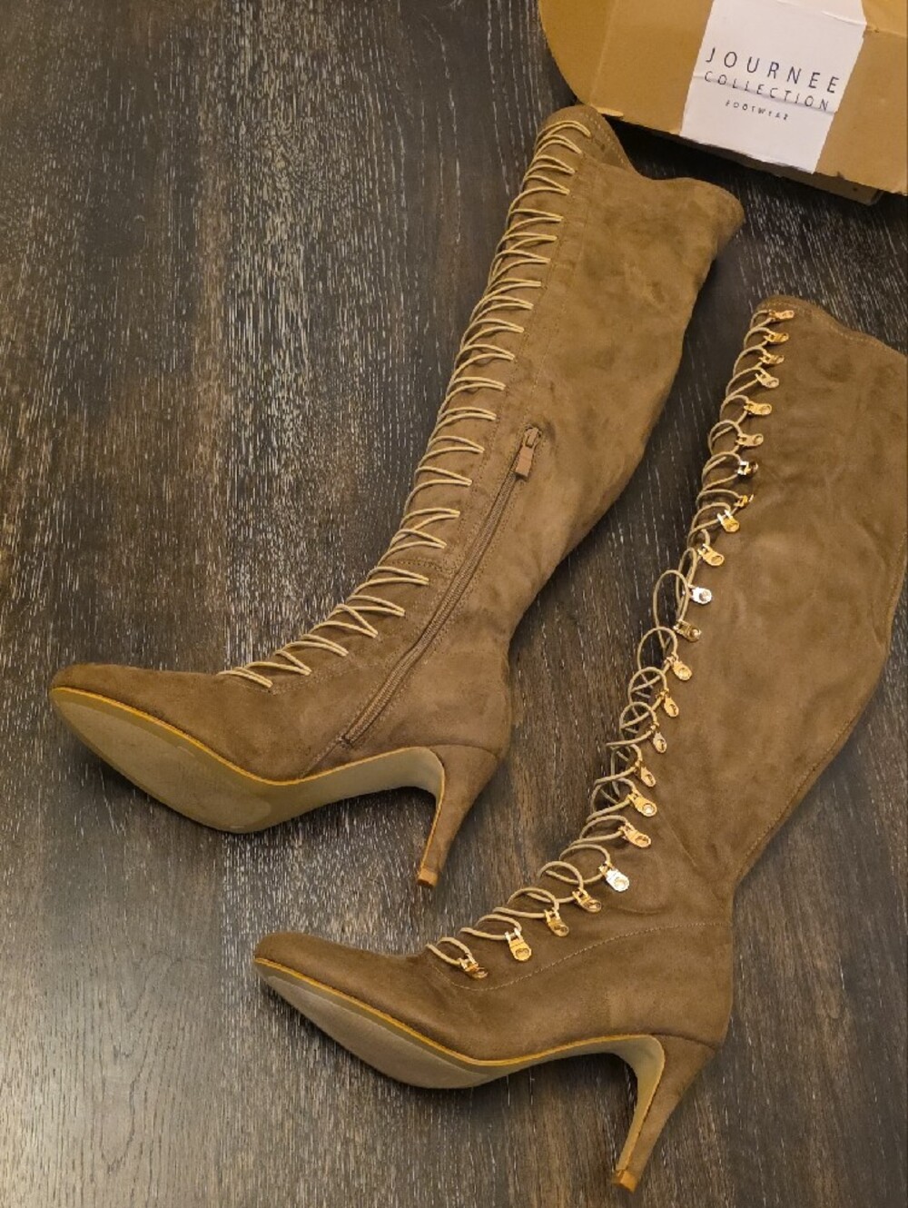 Journee Collection Trill Faux Suede Gold Lace Up Over The Knee Boots - Picture 2 of 4
